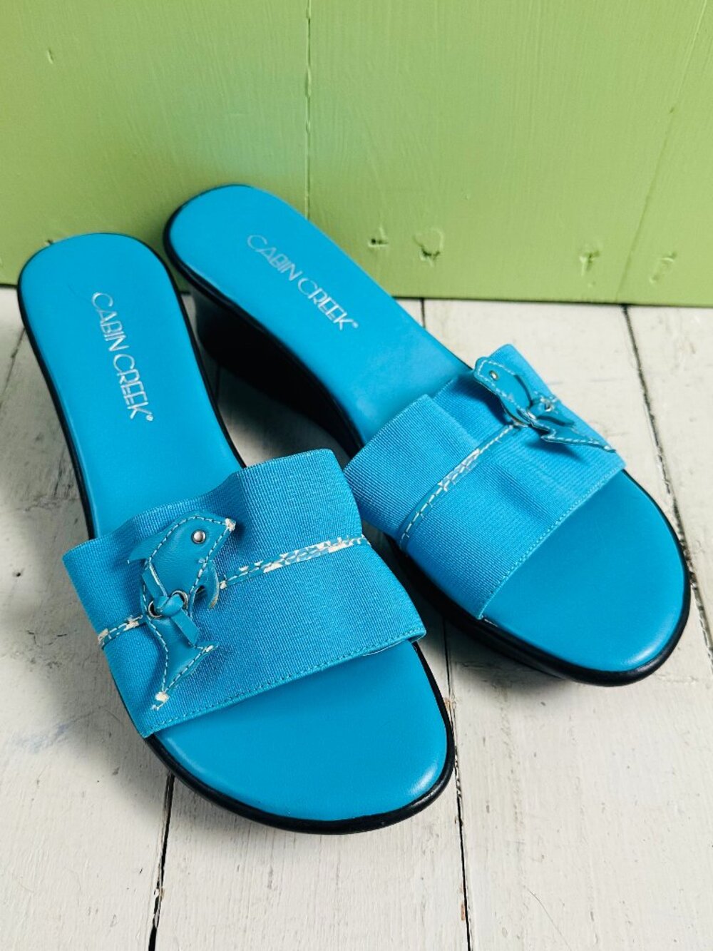 Vintage Y2K Cabin Creek Turquoise Dolphin Wedge Slide Sandals 7M Summer Sandals